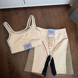 P.E Nation Cream and Black Active Sports Bra and biker short set